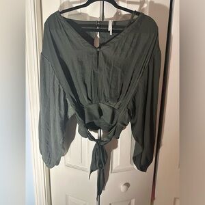 Anthropologie Dark Green Tie-Front Blouse